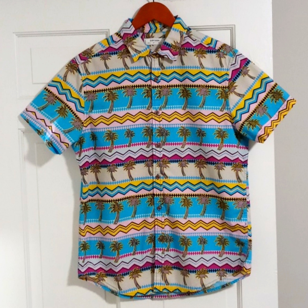 🌴Zipcode🌴 - Men's Multicolor Palm Tree S/S Button Down - Picture 1 of 11